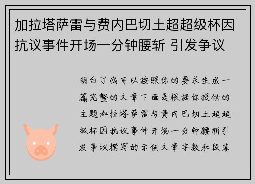 加拉塔萨雷与费内巴切土超超级杯因抗议事件开场一分钟腰斩 引发争议